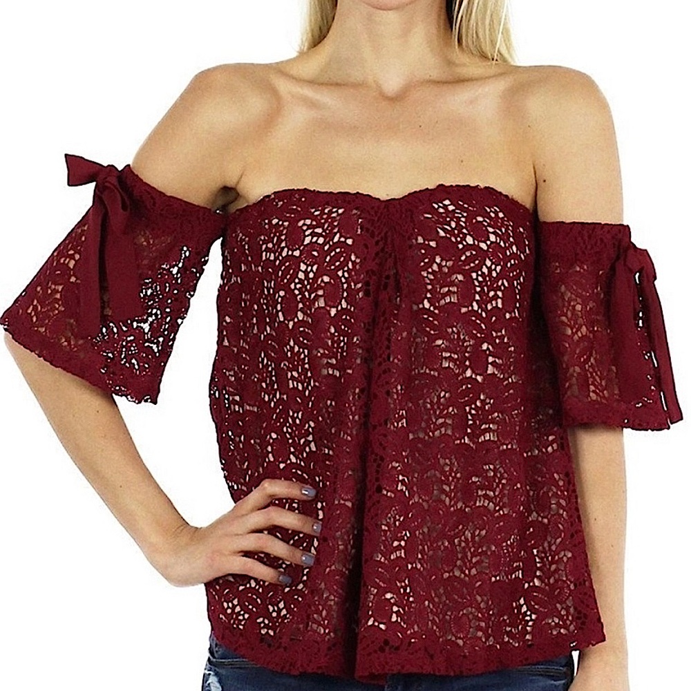 Moon River Burgundy Crochet Lace Off Shoulder Top - Picture 1 of 8